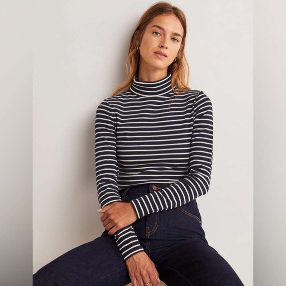 NWT Boden Womens Essential Roll-neck Top Navy Stripe Size Large